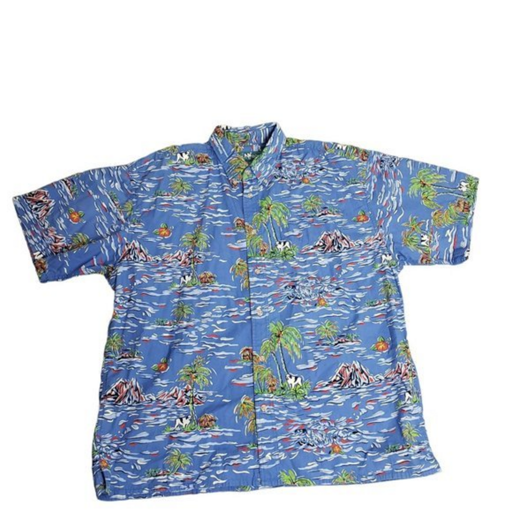 Big Dogs Men's Size XL Blue Short Sleeve Hawaiian Cotton Button Down Camp Shirt